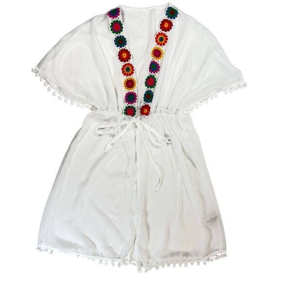 Sheer White Swim Cover Up Women’s Small Floral Embroidered Boho Beach Kimono - Picture 2 of 5